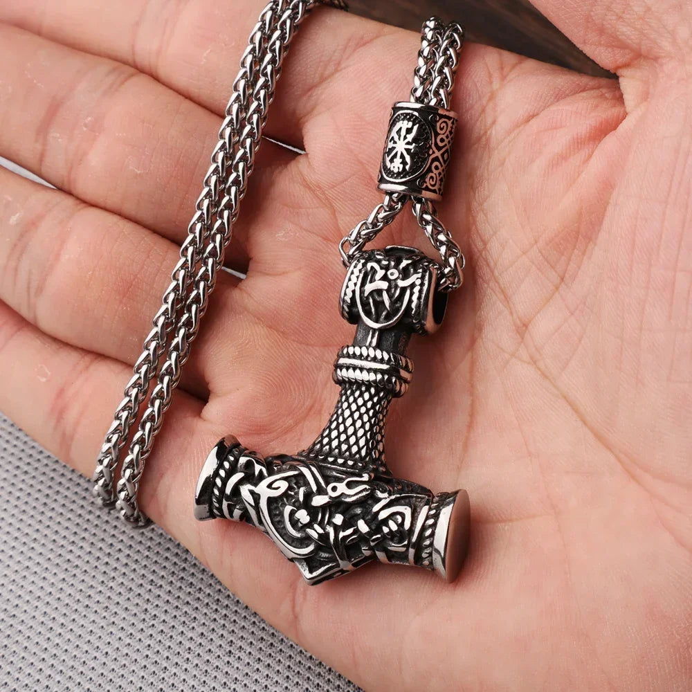 Multi Style Beaded Viking Thor's Hammer Pendant Necklace Stainless Steel Necklace Men Biker Mjolnir Amulet Jewelry