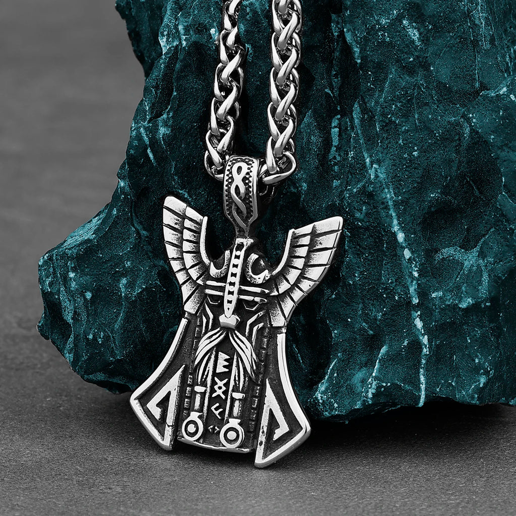 Viking Odin Face Pendant Nordic Odin Rune Charm Creative Stainless Steel Pendant Necklace Locomotive Men's Jewelry Gift
