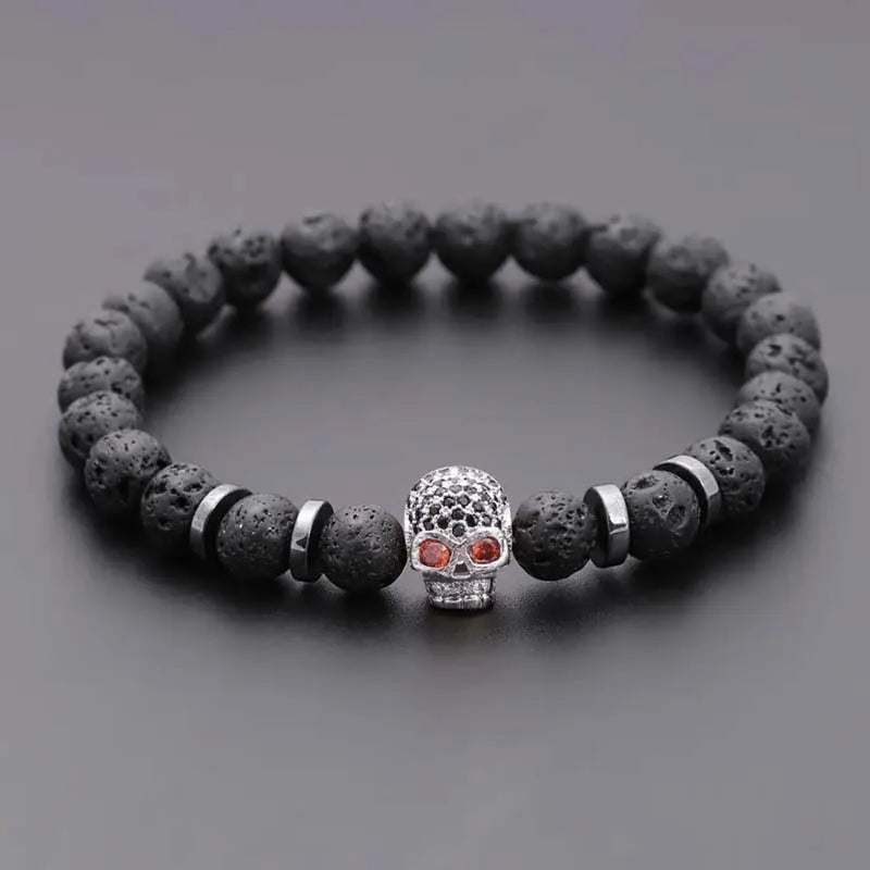 Hot sale natural stone volcanic rock beaded bracelet micro inlaid zircon skull personality copper accessories jewelry