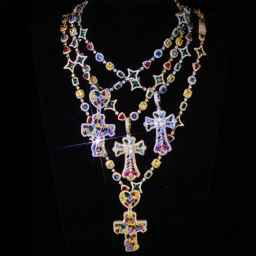 Cross Pendant Necklace Iced Out Multi-Color CZ