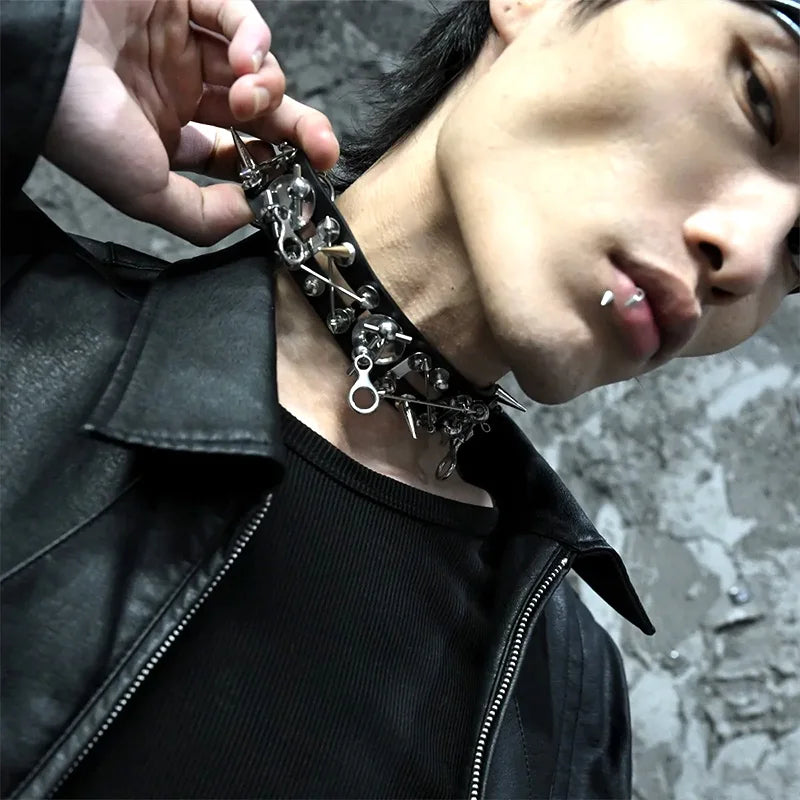 2025 New Punk Necklace Rivets Leather Metal Hip Hop Rock Cool Unisex Choker Neck Accessories for Women Men Jewelry