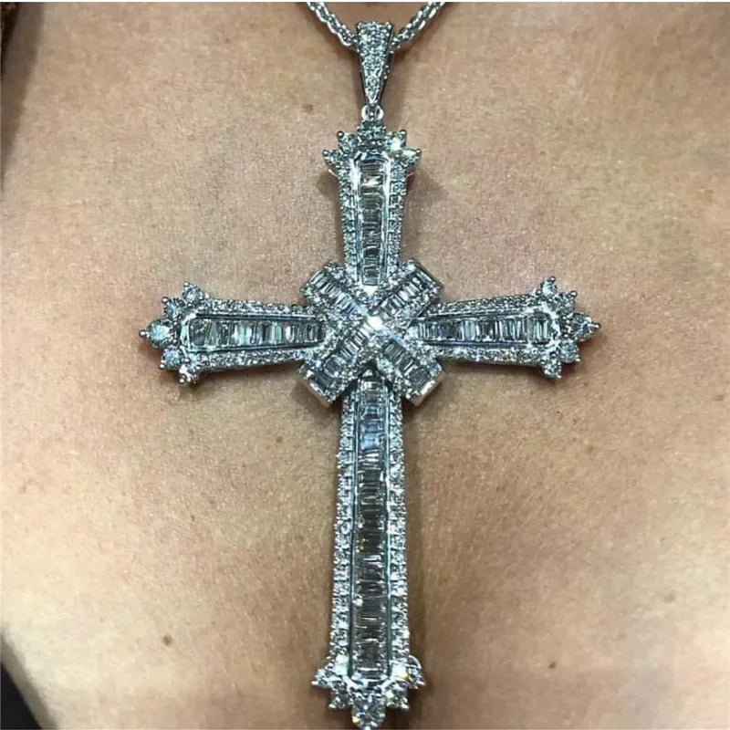14K White Gold Lab Diamond Cross Pendant Party Wedding Pendants Necklace for Women Men Anniversary Jewelry Gift