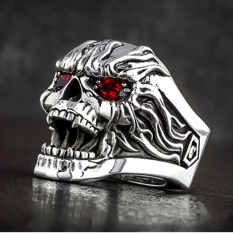 Gothic Exaggerated Skull Ring with Red Eyes — Silver-Tone