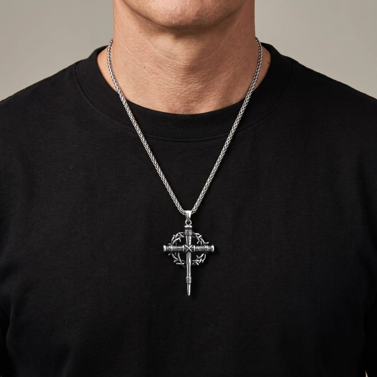 Thorn Crown Crucifix Necklace Franco Chain — Stainless Steel