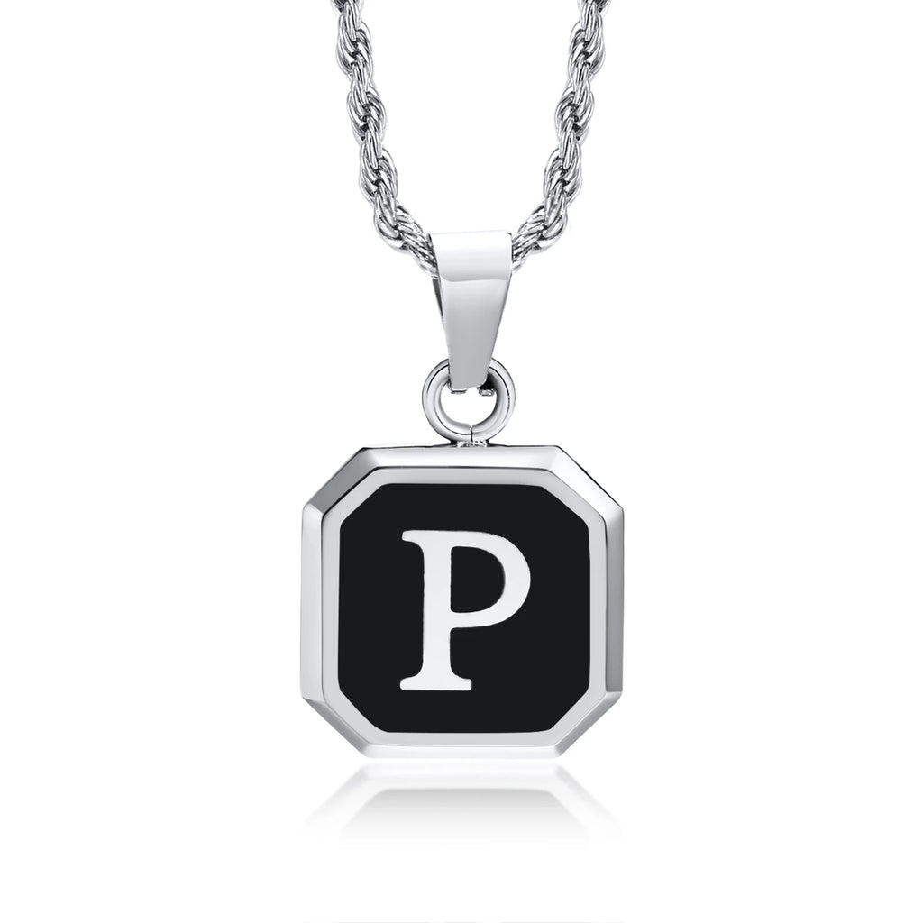 Initials Necklaces for Men Women,A-Z 26 Letters Black Square Stainless Steel Pendant Collar,45-60CM Twisted Rope Chain