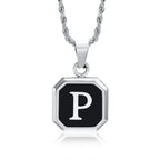 Initials Necklaces for Men Women,A-Z 26 Letters Black Square Stainless Steel Pendant Collar,45-60CM Twisted Rope Chain