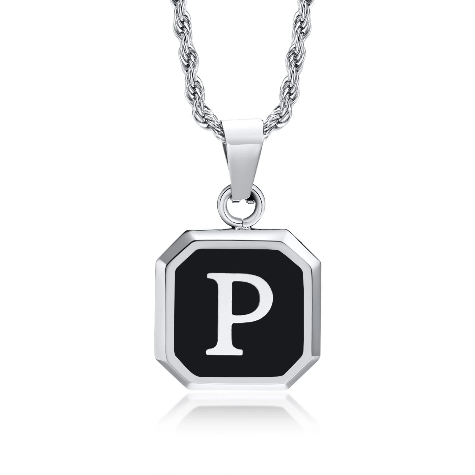Initials Necklaces for Men Women,A-Z 26 Letters Black Square Stainless Steel Pendant Collar,45-60CM Twisted Rope Chain