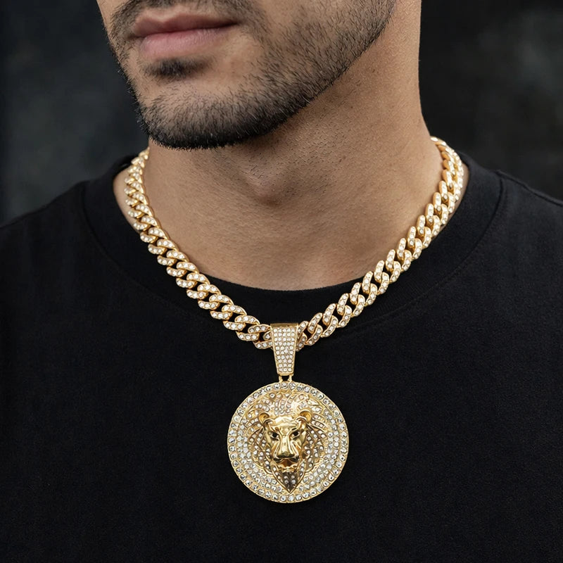 Hip Hop Big Lion Head Pendant Necklace Cuban Chain Necklace For Women Men Iced Out Full Rhinestone Necklace Jewelry