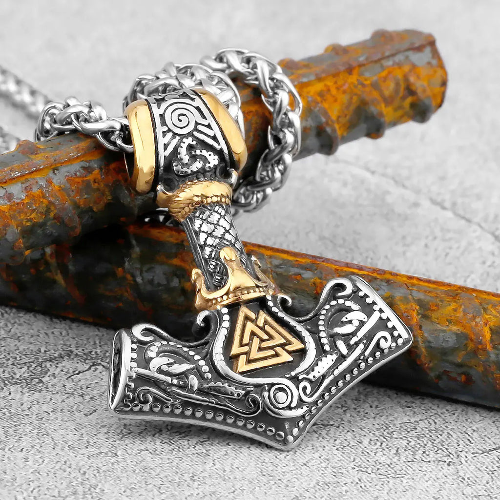 Men's Stainless Steel Thor's Hammer Viking Necklace Triangle Rune Keel Charm Fashion Pendant Necklace Amulet Jewelry