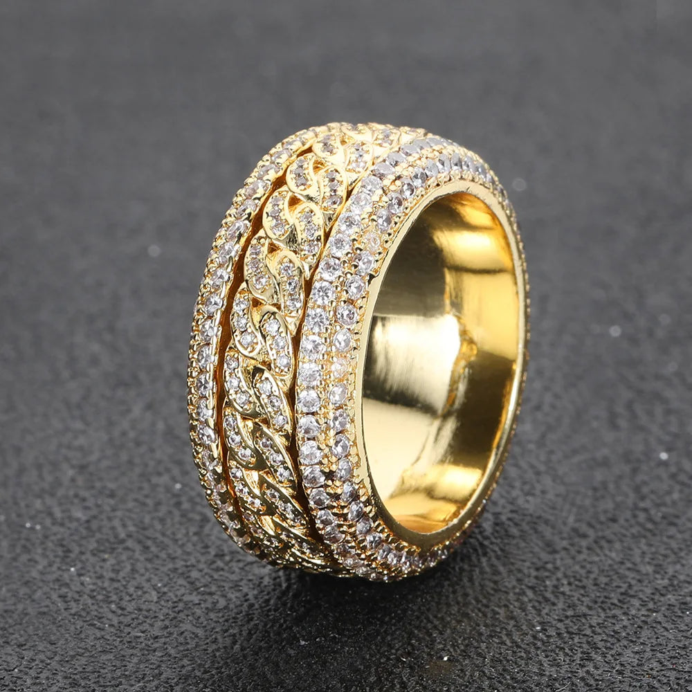 Luxury 24K 9999 Pure Gold real gold European and American Hip Hop Cuban Men's Ring Full Diamond Ring
