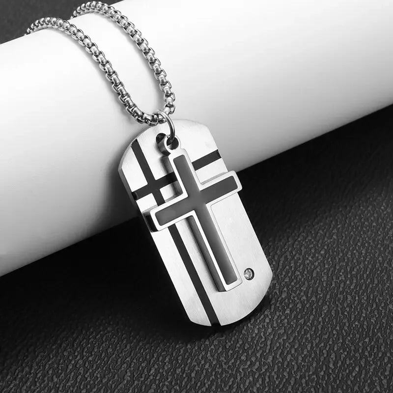 Men\'s Cross Necklace Stainless Steel Silver Color Faith Cross Bible Verse Dog Tag Pendant Necklace Birthday Gifts for