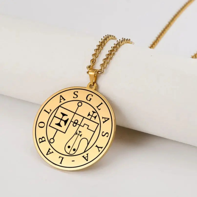 LIKGREAT Stainless Steel Lesser Key of King Solomon Occult Sigil 72 Demon Medalion Necklace for Men Women Pagan