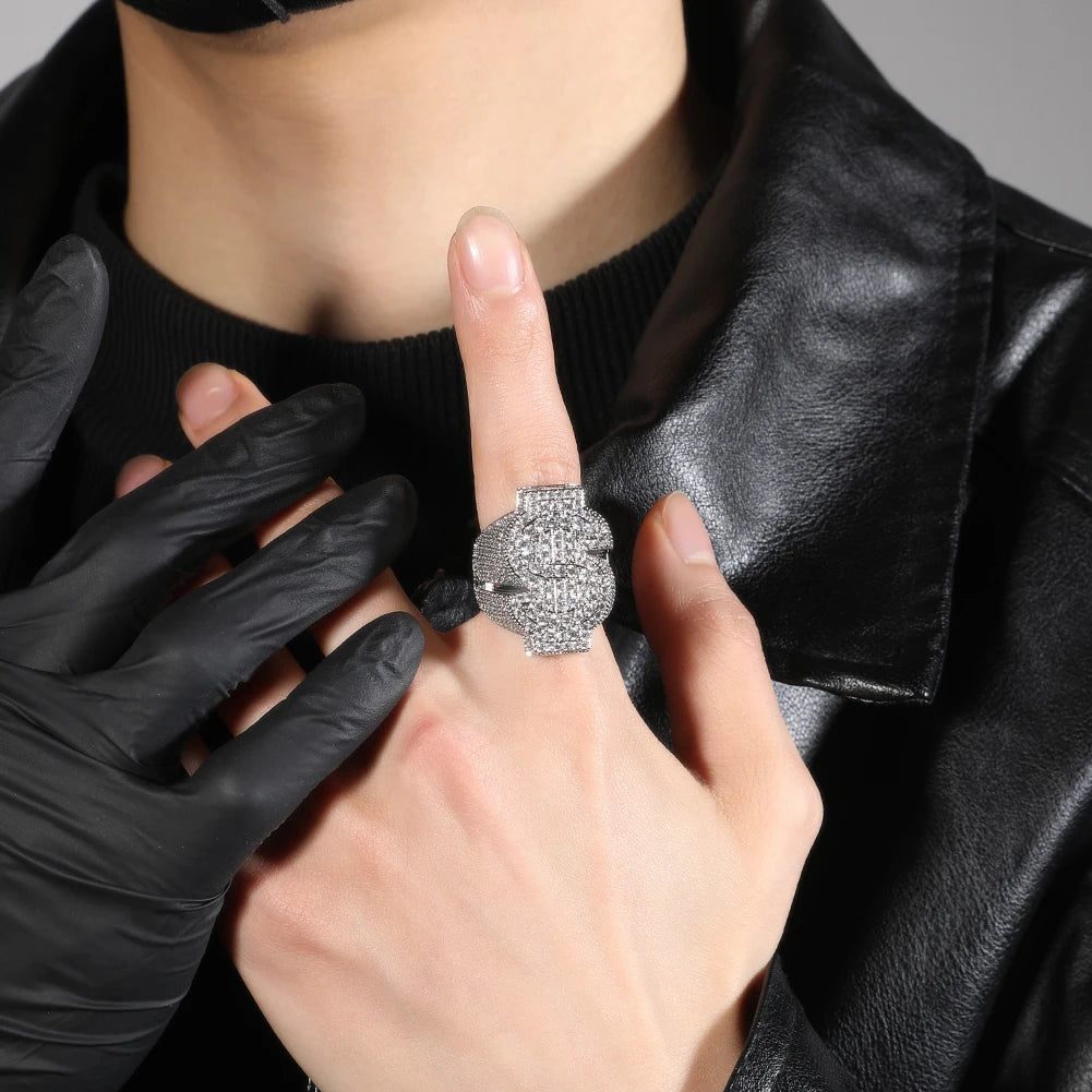 THE BLING KING Icy Dollar Sign Ring For Men Full Micro Paved 5A+ Cubic Zirconia Money Charm Punk Rock Finger Accessories Rapper