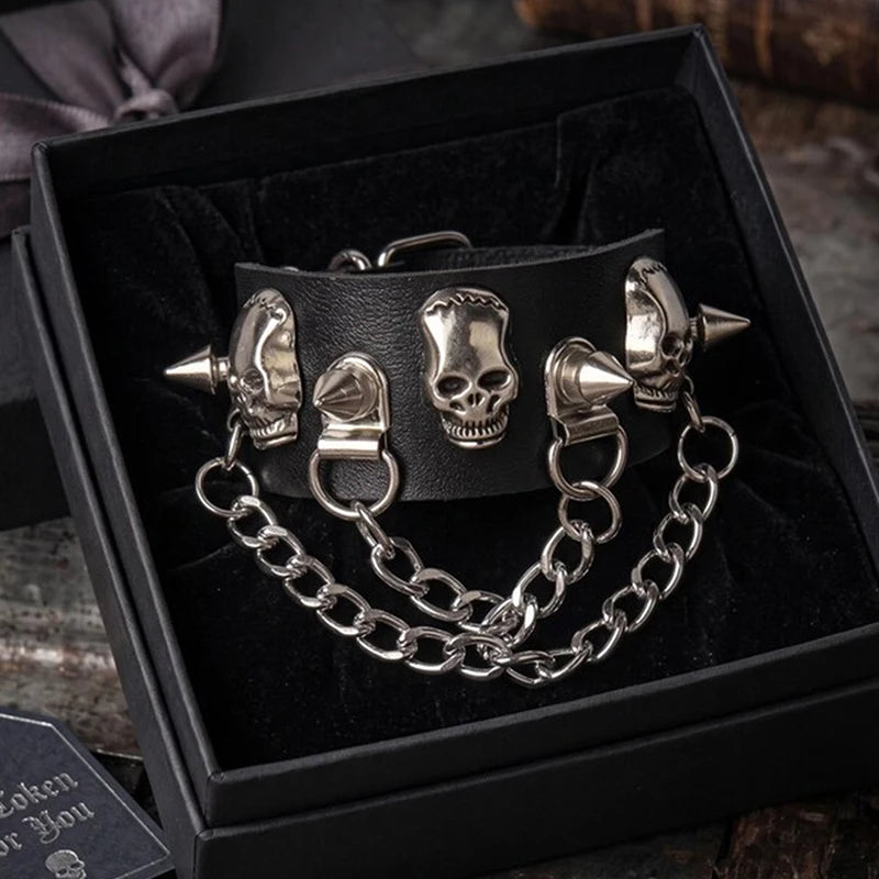 90s Gothic Skull Spike Bracelet Adjustable Punk Rock Bracelet Black Studded Faux Leather Wristband Bracelet for Men