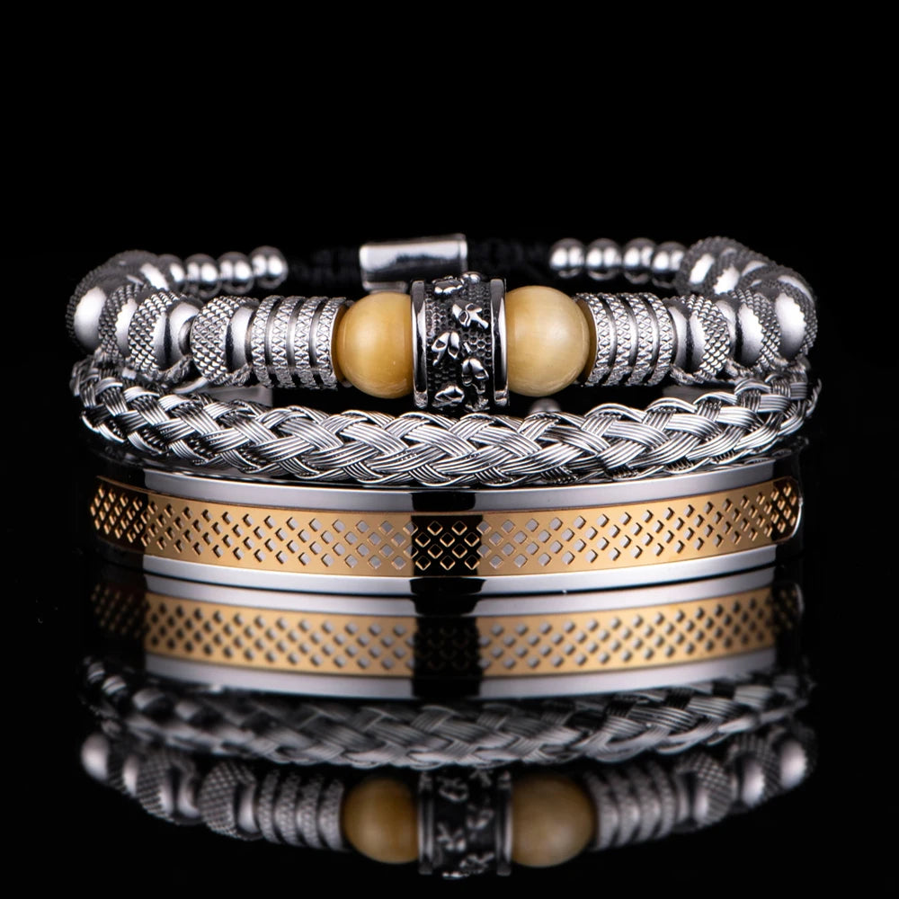 3pcs Set Men Bracelet Stainless Steel Rope Bangles Men Skull Bracelets with Tigereye Natural Stone Gift Accessories