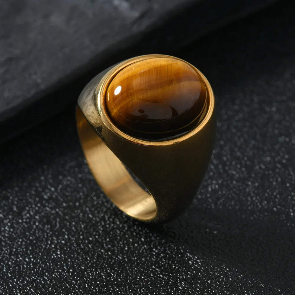 Tiger Black Ring 316L Oval Natural Stone