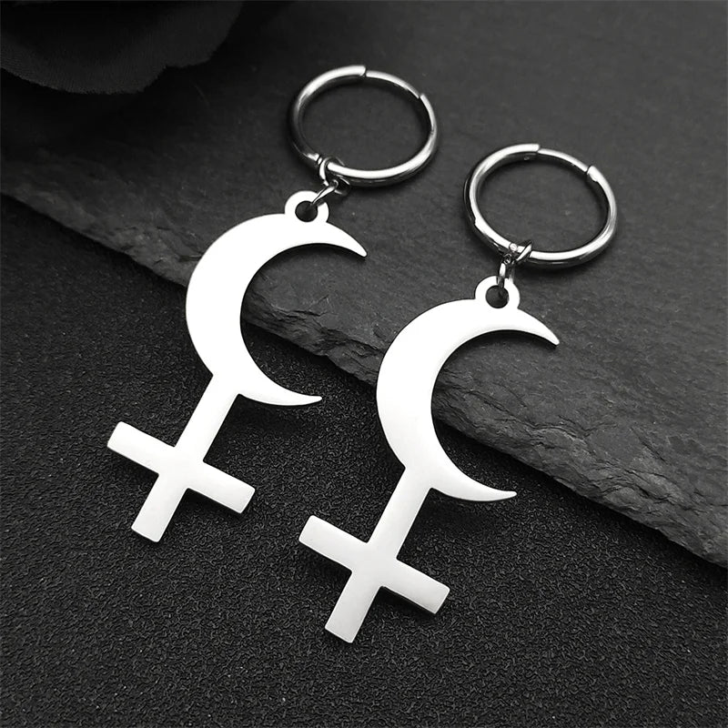 Cross Moon Gold Earrings Crescent Inverted Astrological