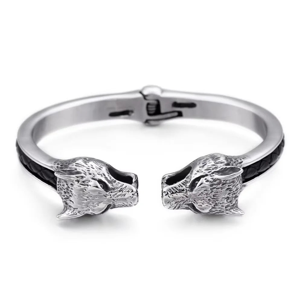Wolf Skull Head Open Bangles for Men Stainless Steel Mens Bracelets Jewellery Friendship Leather Cuff Bracelets For Man