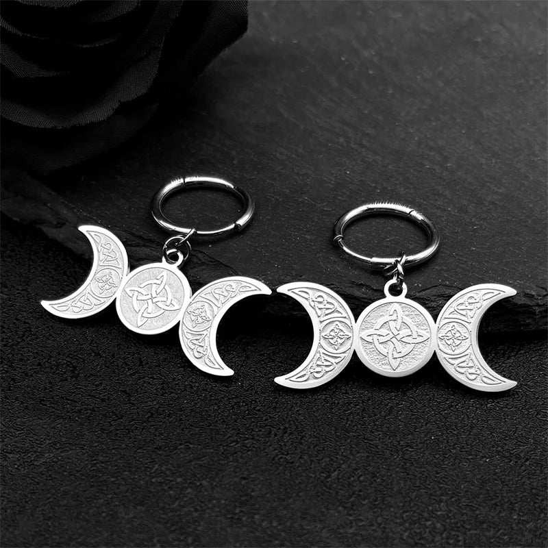 Celtic Steel Earrings Wicca Triple Moon Crescent