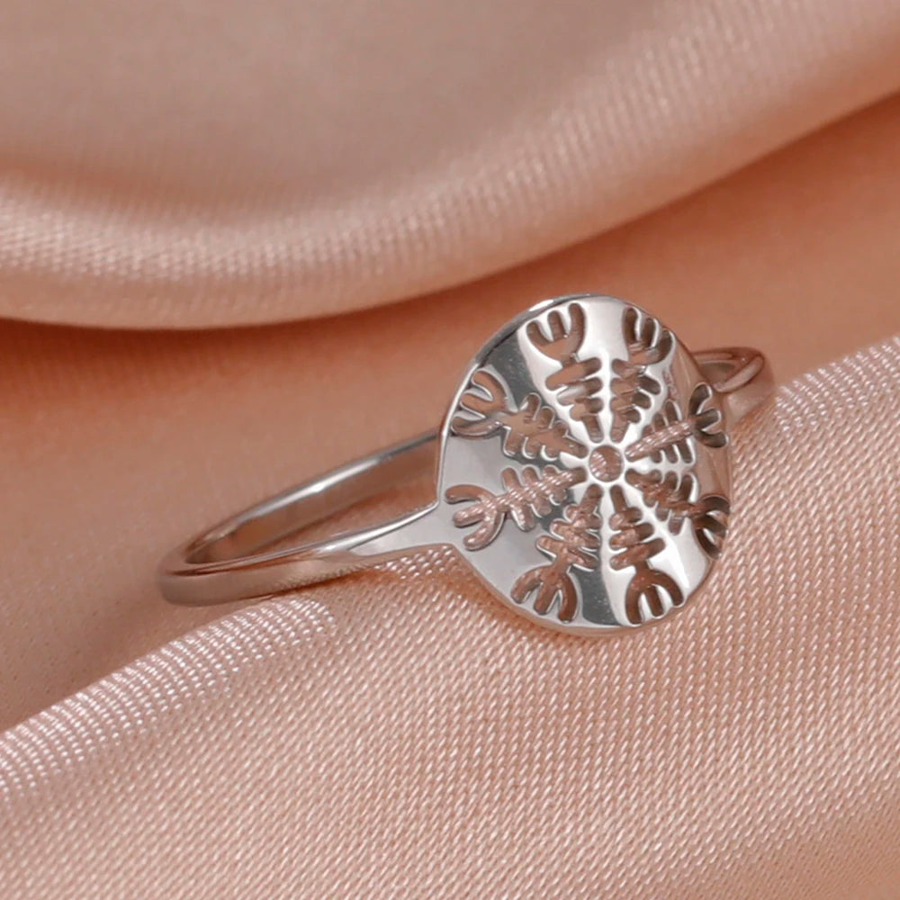 Dawapara Aegishjalmur The Helm of Awe Symbol Ring Vegvisir Norse Compass Stainless Steel Cut Out Scandinavian Jewelry
