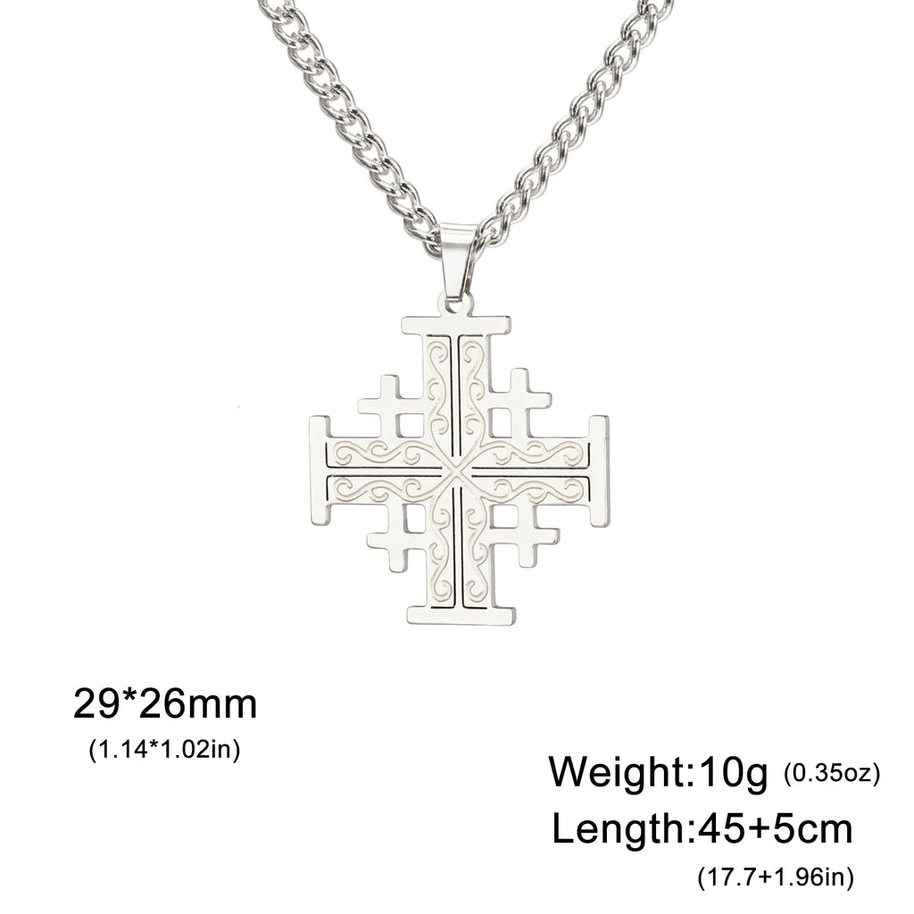 Jerusalem Crusader Cross Necklace — Five-Fold, Stainless Steel