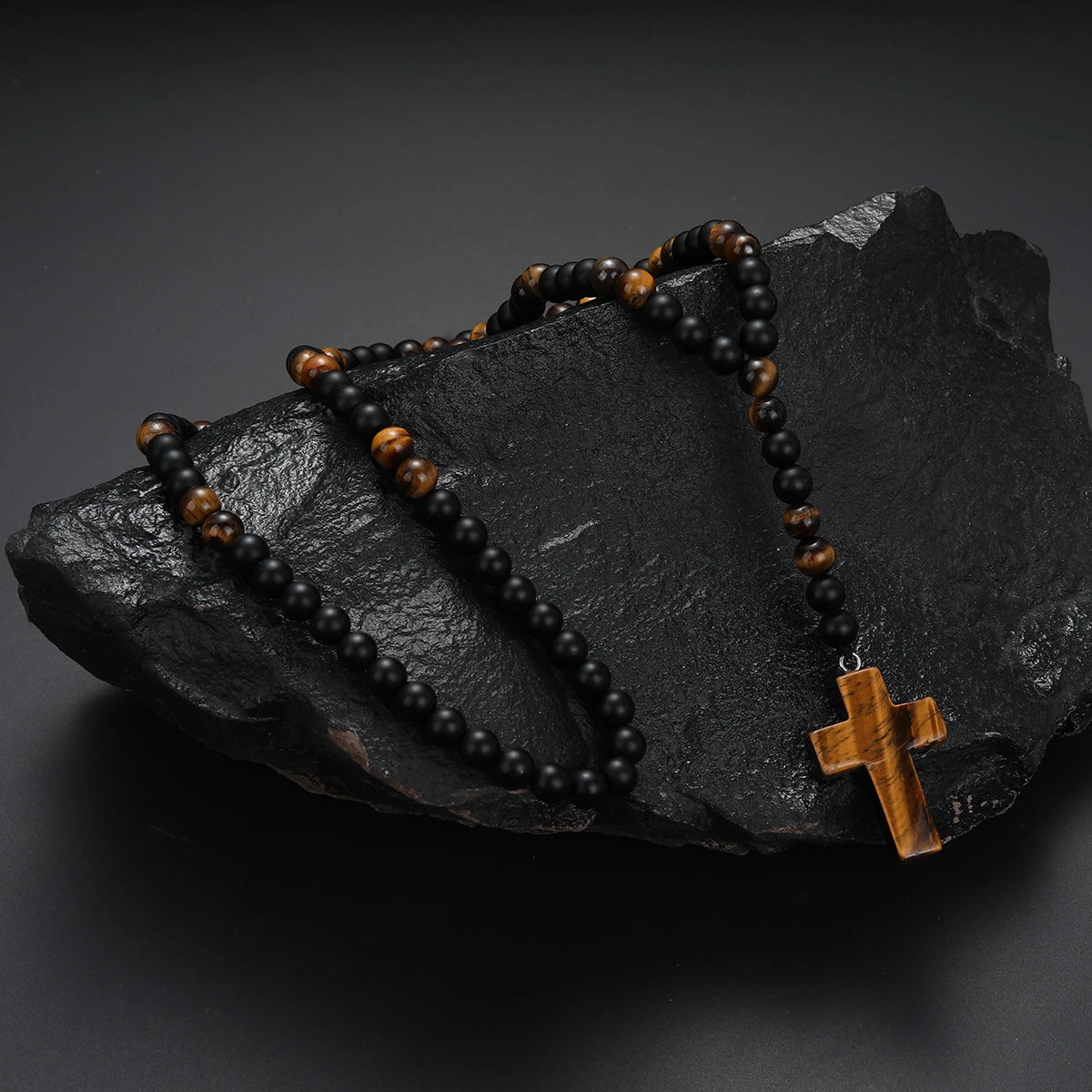Cool Fashion Matte Black Round Beads Tiger Eye Stone Pendant Necklace for Men and Women
