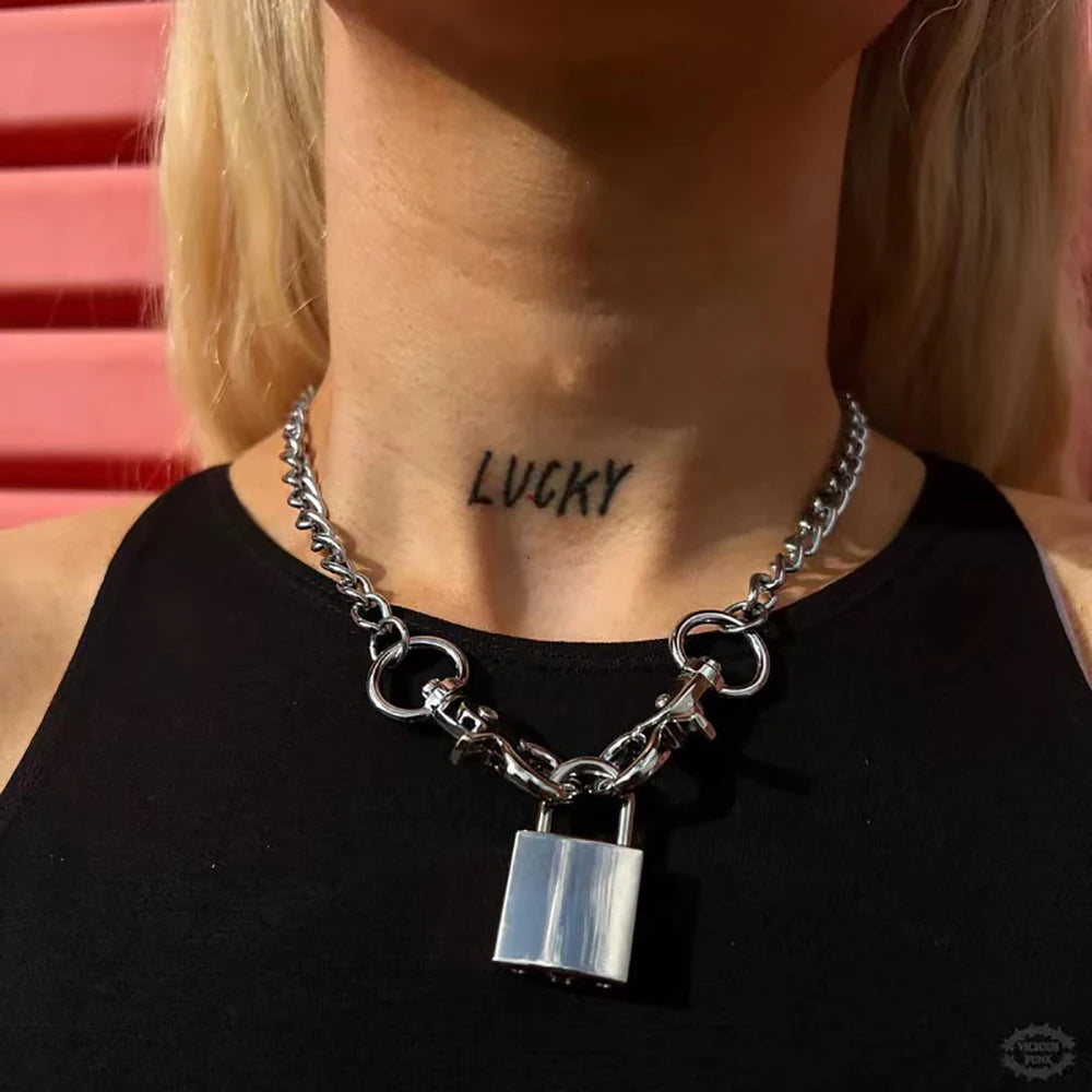 Retro Punk Fashion Exaggerated Thick Chain Necklace Simple New Couple Multi-Layer Lock Necklace Unisex Jewelry
