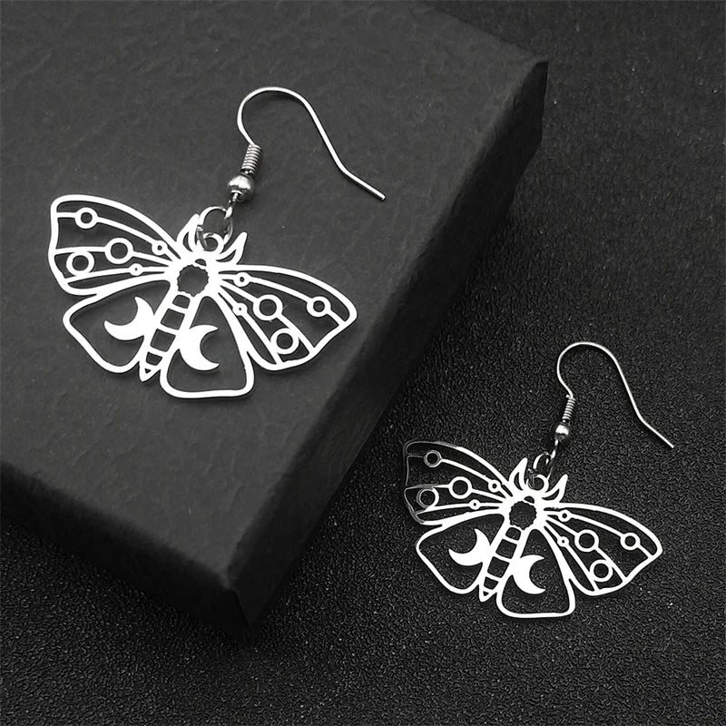 Butterfly Silver Earrings Gothic Crescent Moon