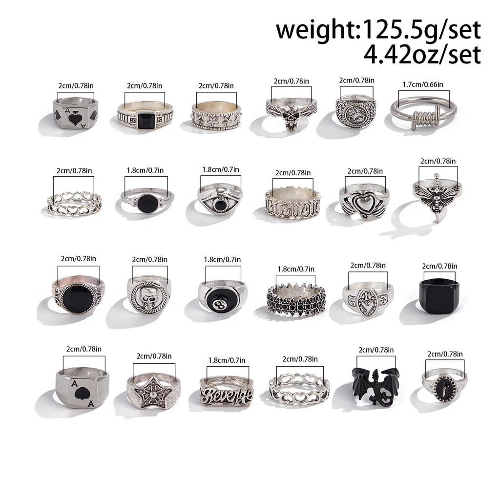 Ingemark 24Pcs/Set Creative Skull Head Poker Bat Rings for Men 2025 Trend Goth Geometric Ancient Silver Color Rings Male Jewelry
