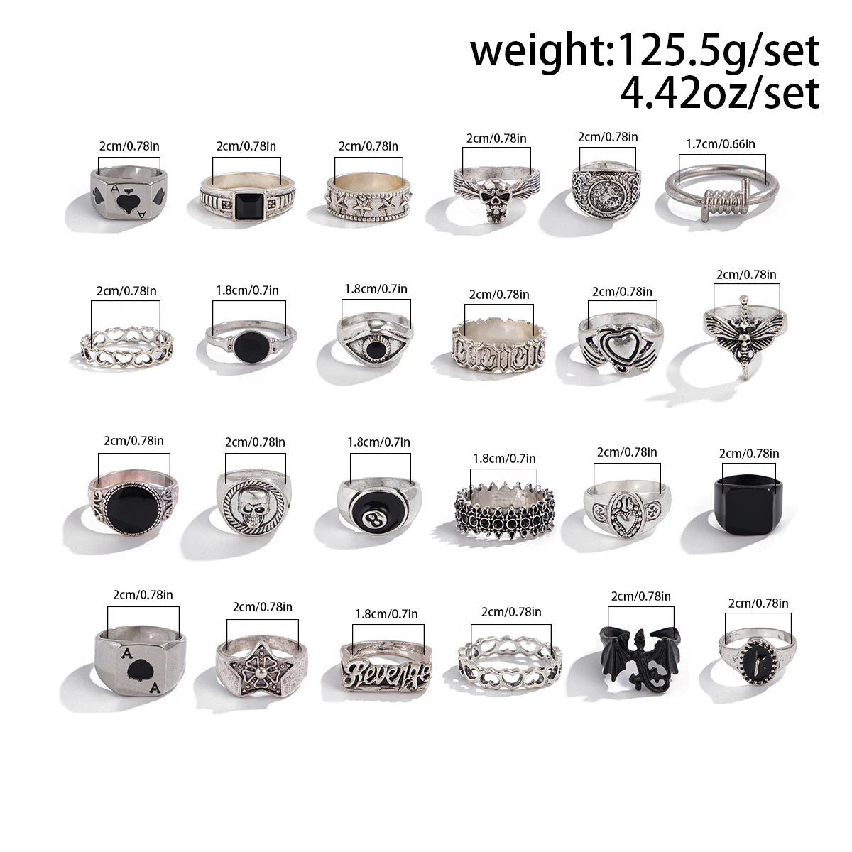 Ingemark 24Pcs/Set Creative Skull Head Poker Bat Rings for Men 2025 Trend Goth Geometric Ancient Silver Color Rings Male Jewelry