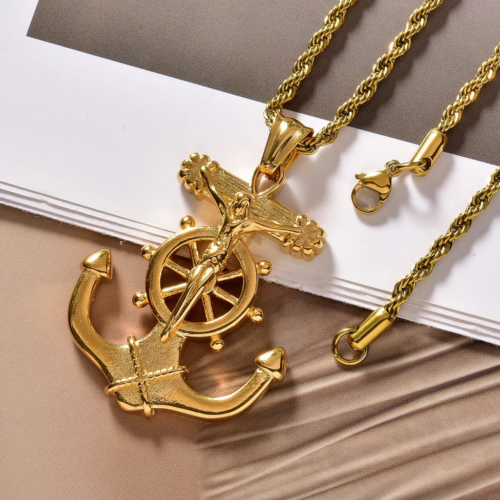 Cross Anchor Pendant Necklace — Gold-Tone Men's and Women's