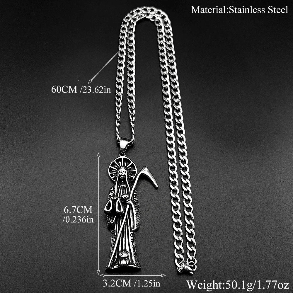 Holy Saint Death Santa Muerte Grim Reaper Pendant Necklace for Women Men Stainless Steel Silver Color Sickle Skull Jewelry Gift