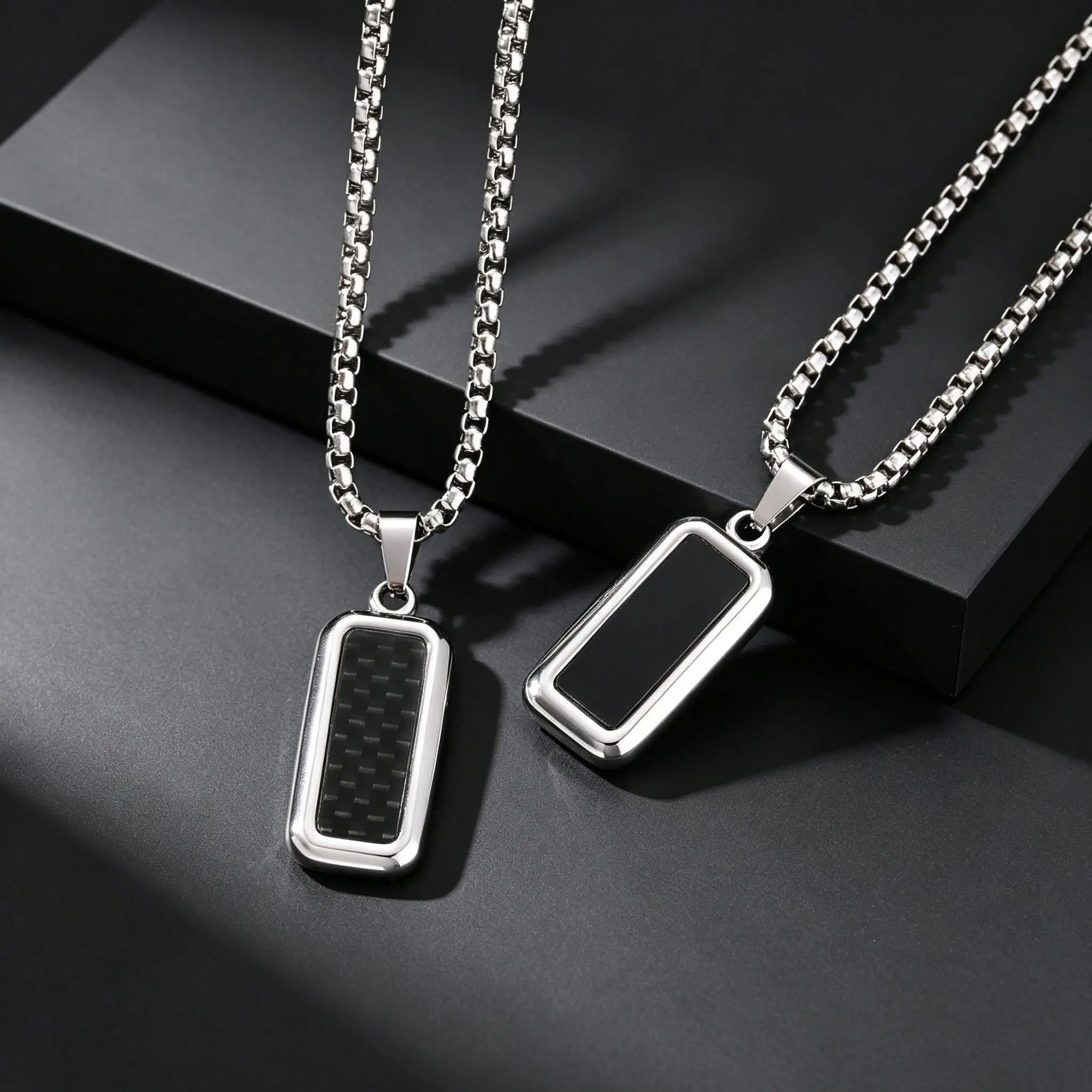 Square Dog Tag Pendant Necklace — Black Stainless Steel
