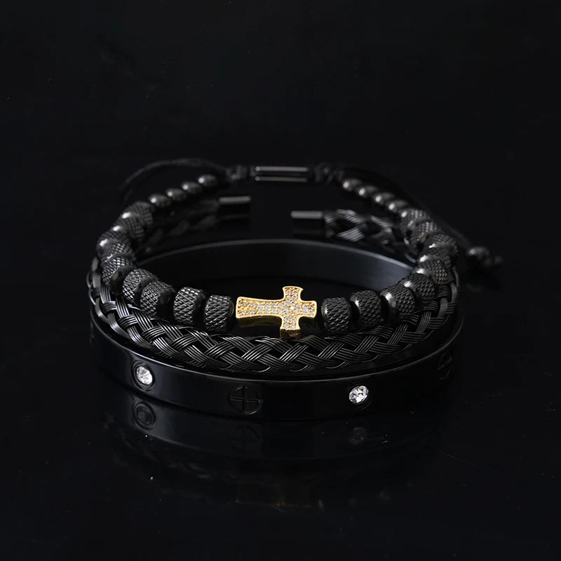 Luxury Stainless Steel Beads Cross Charms Man Bracelet CZ Bangles Women Jewelry Set Gift