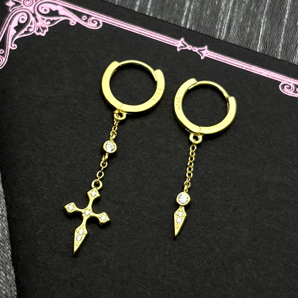 Cross Two-Tone Earrings Sterling Zircons Spike