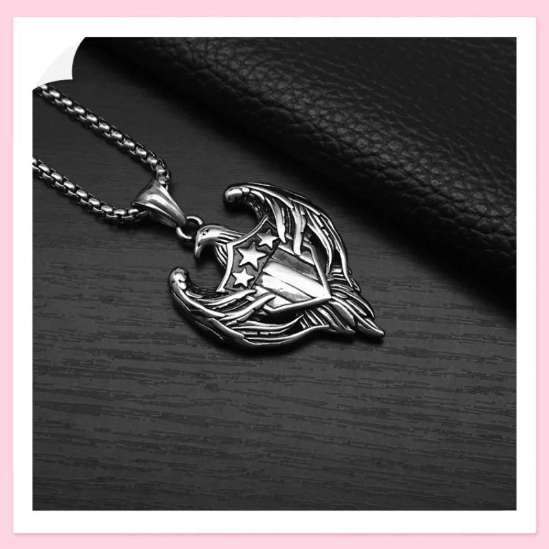 Double Wings Eagle Shield Pendant — Stainless Steel