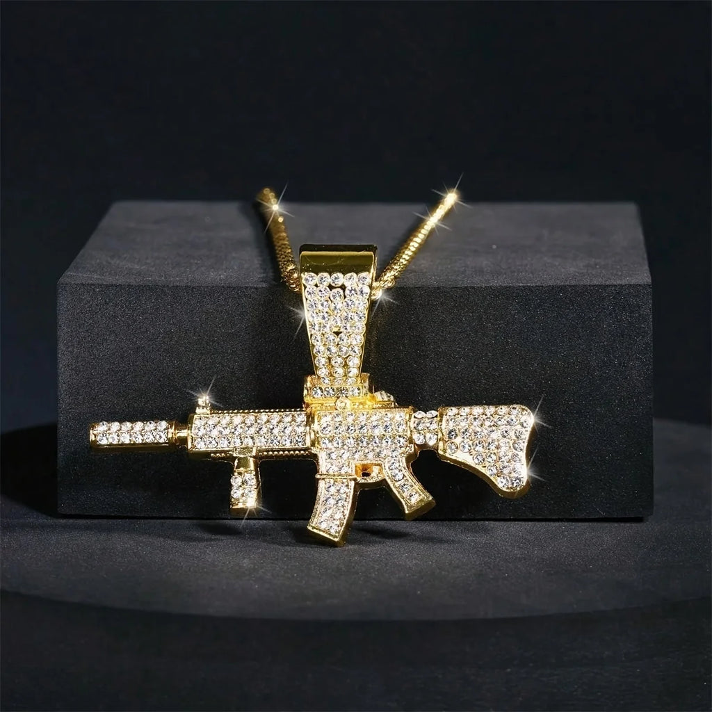 Fashion HipHop Ak47 Submachine Gun Pendant Necklace For Men Crystal Cuban Chain Iced Out Bling Necklace Punk Rock Biker