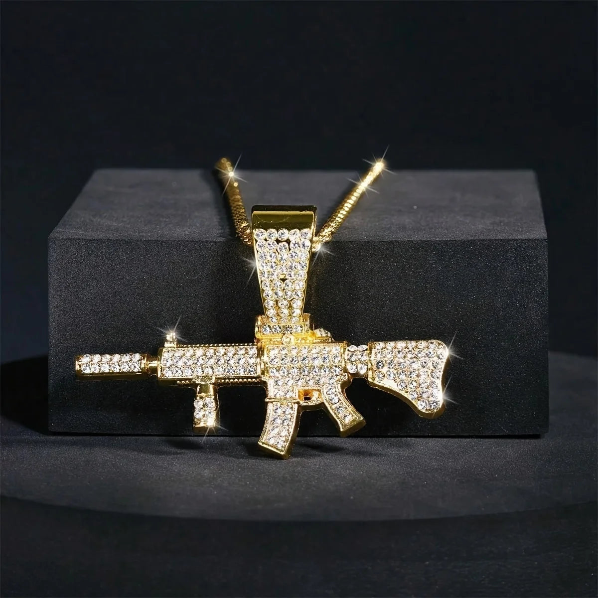 Fashion HipHop Ak47 Submachine Gun Pendant Necklace For Men Crystal Cuban Chain Iced Out Bling Necklace Punk Rock Biker