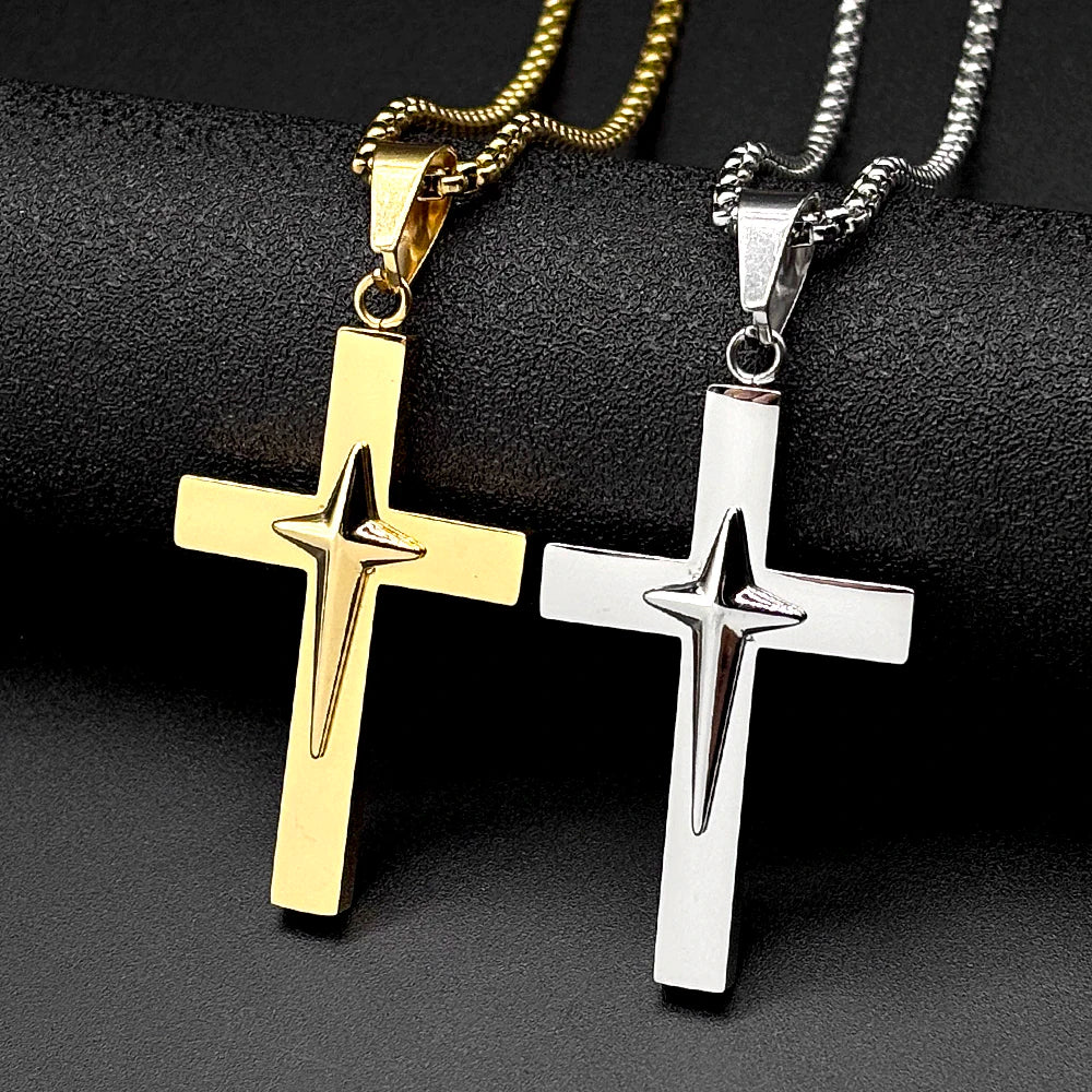 Jesus Starburst Cross Necklace — Stainless Steel Box Chain