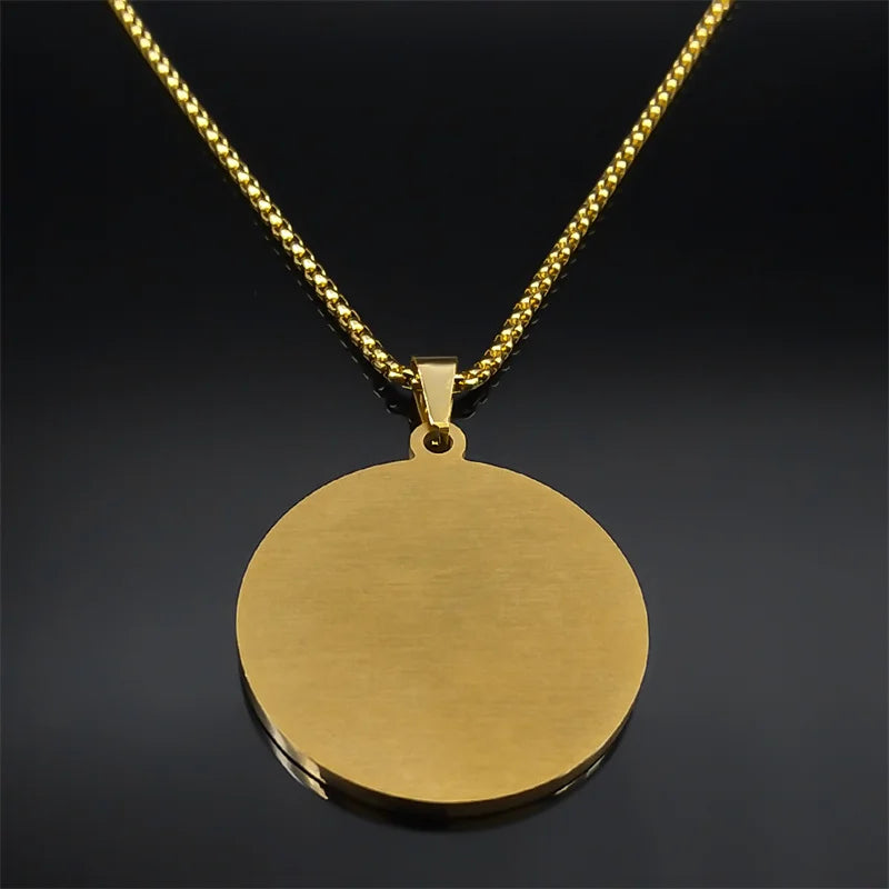 Arabic Quran Allah Medal Necklace for Women Men Rhinestone Stainless Steel Gold Color Islam Muslim Chain Jewelry collar