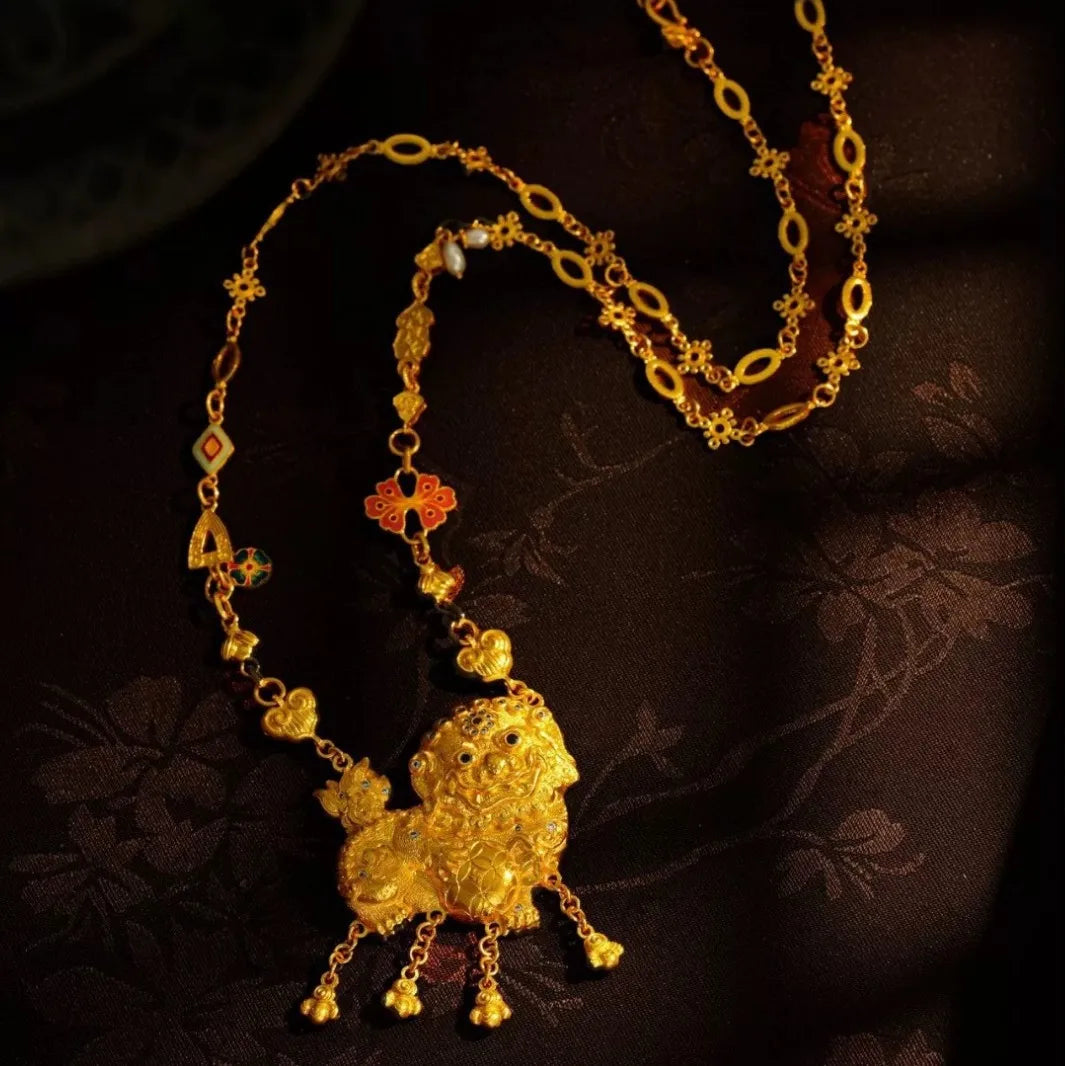 9999 24K real gold point diamond lion tassel necklace Chinese wind transfer lion dance woman necklace gift