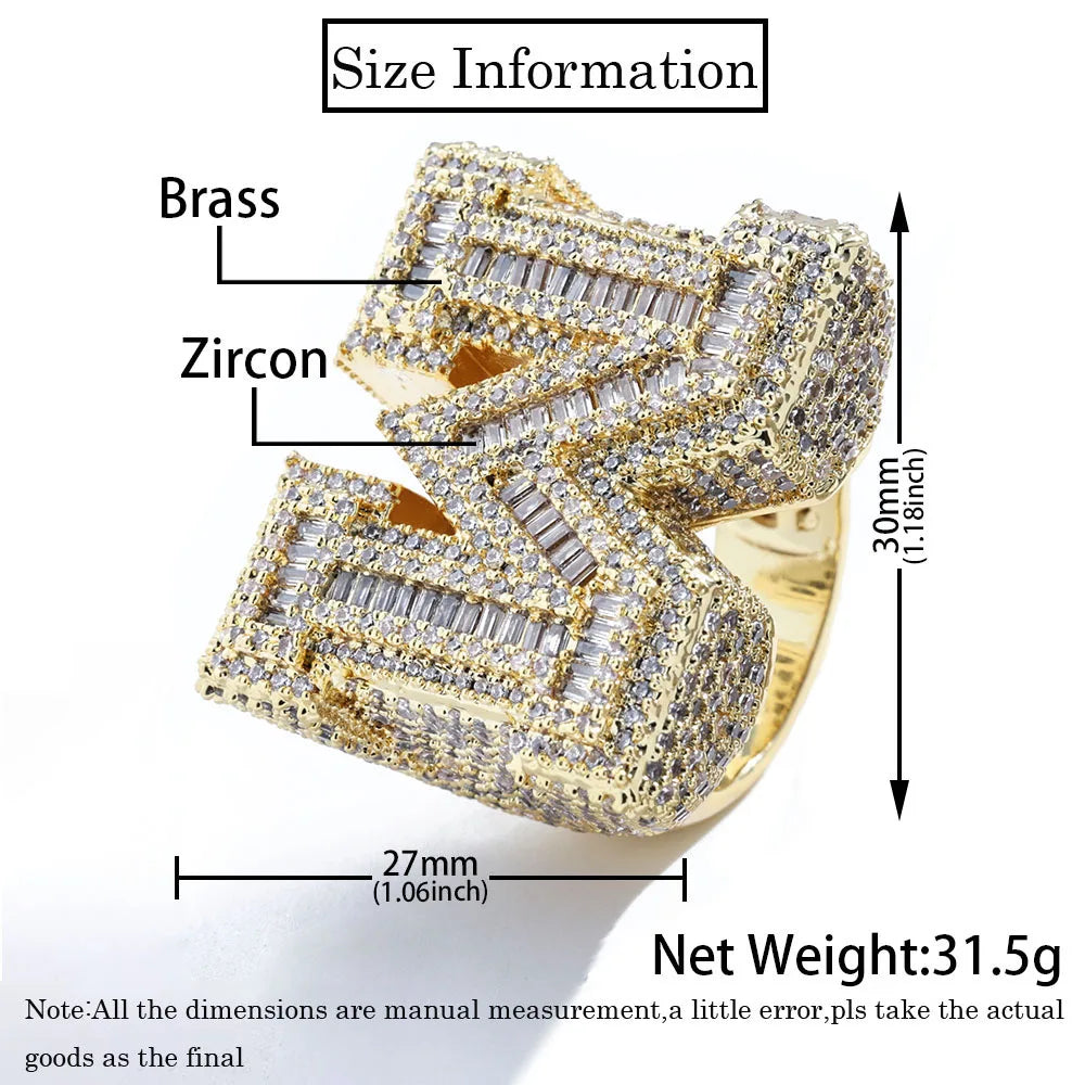 Iced Out M Letter Ring Stainless Steel Statement