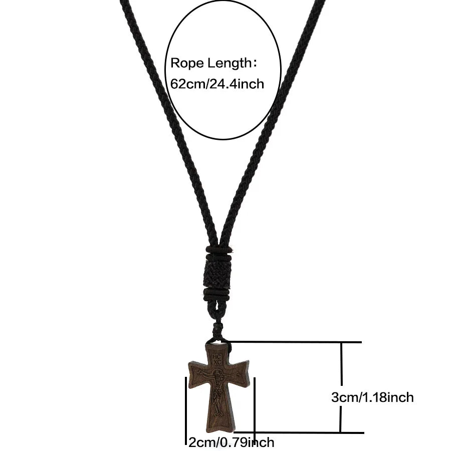 Retro Wooden Cross Pendant Necklace 24" Rope Cord