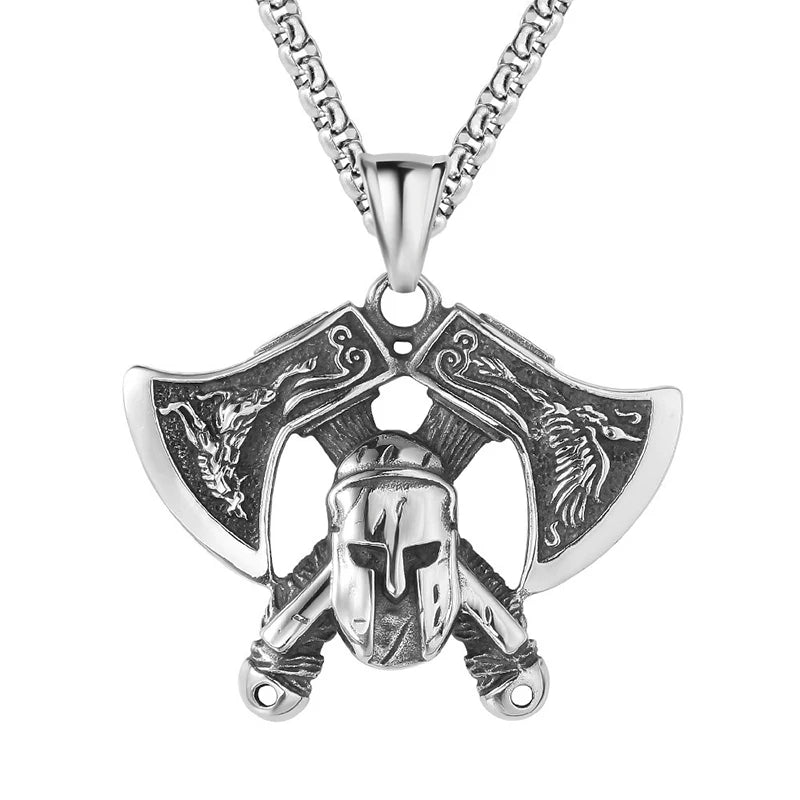 Stainless Steel Viking Double Axe Necklace Men's Vintage Nordic Wolf Axe Pendant Chain Scandinavian Party Jewelry Accessories