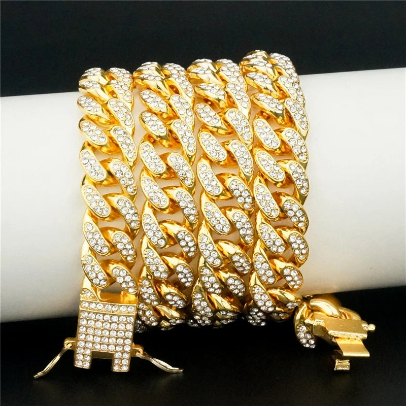 13MM AAA Rhinestone Iced Out Miami Cuban Link Chain Necklace For Men Women Chains Hip Hop Silver Color Jewelry On The