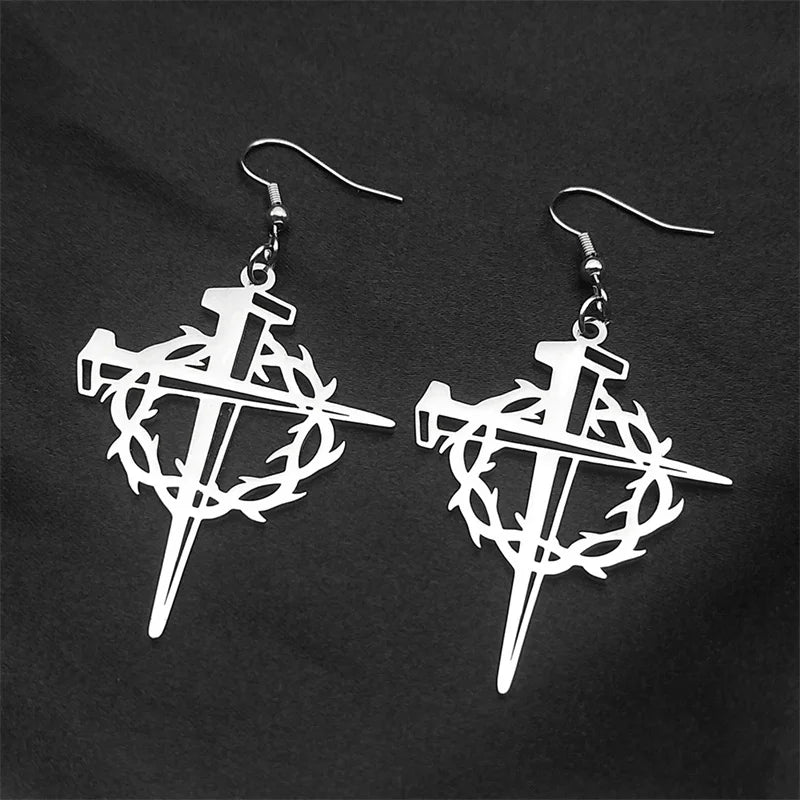 Jesus Crown Thorns Silver Earrings Drop Christian
