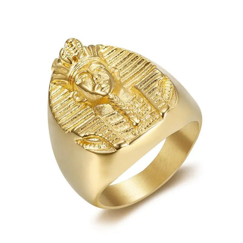 Megin D Stainless Steel Titanium Hip Hop Punk Egyptian Pharaoh Human Gold Color Rings for Men Women Couple Gift Fashion Jewelry