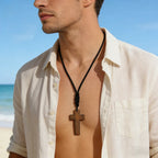 Retro Wooden Cross Pendant Necklace 24" Rope Cord