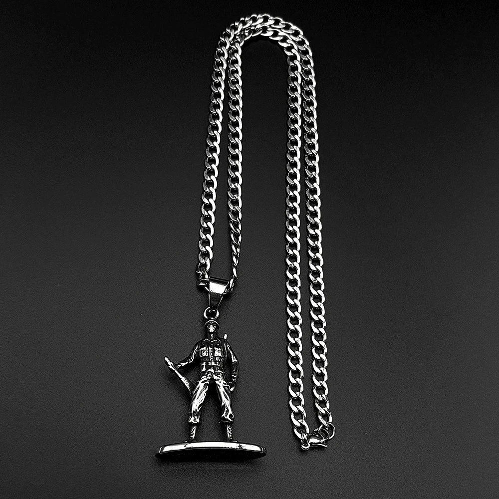 Vintage Military Army Standing Soldier Pendant Necklace for Women Men 316L Stainless Steel Punk Chain Silver Color