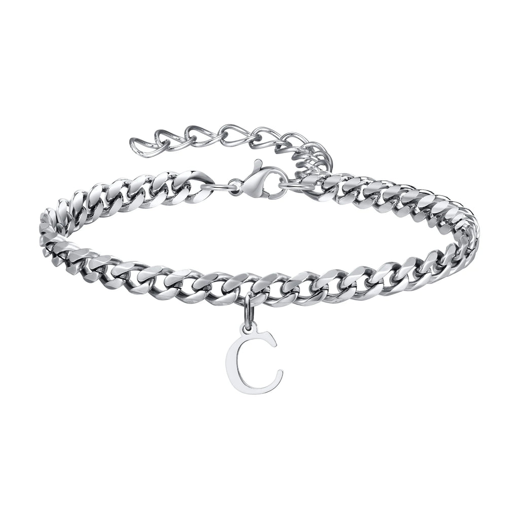 Vnox A-Z Initial Bracelets for Men Women, Never Fade Silver Color Stainless Steel Cuban Chain Bracelet with 26 Letter